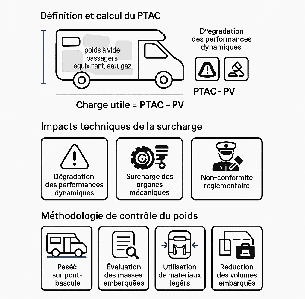 Schéma technique illustrant les risques de surcharge en camping-car : PTAC, impacts mécaniques, solutions.